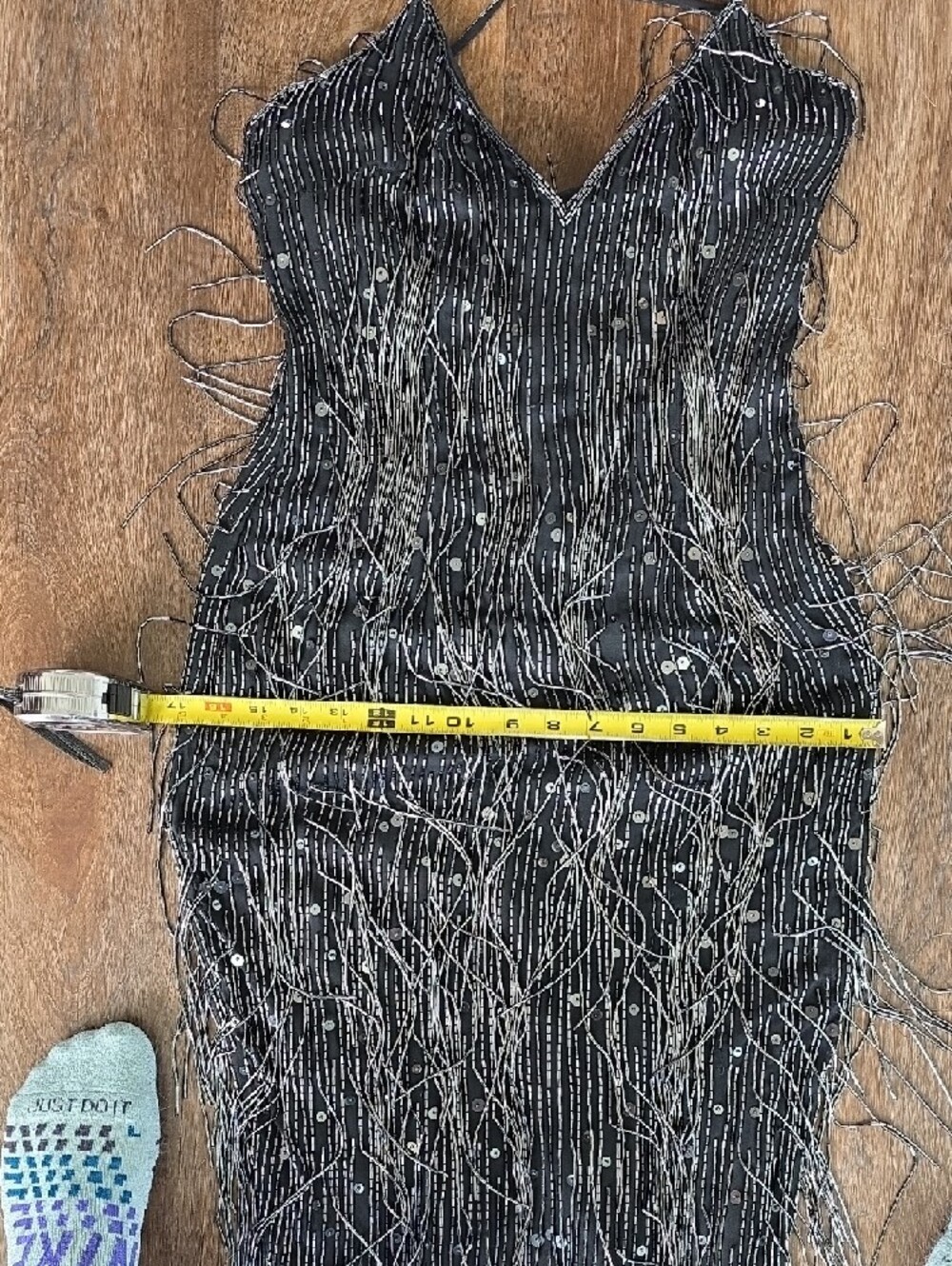 Black Beaded And Sequined Fringe Evening Dress with Crisscross Straps - Picture 10 of 10